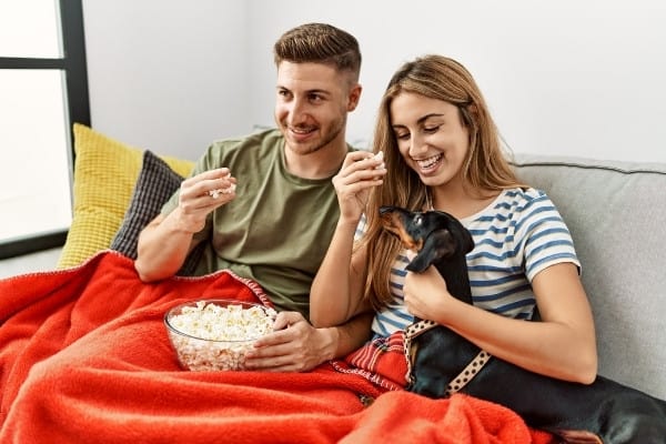 A couple on the couch with a red blanket, a bowl of popcorn, and a hungry Dachshund.