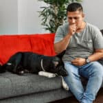 A man coughing into his fist while sitting on his couch besides his dog.