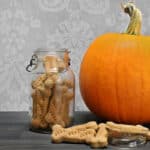 A jar of homemade dog bones sitting beside a whole pumpkin.
