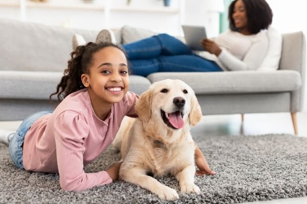 A young girl and her Golden Retriever lying together on a gray area rug.